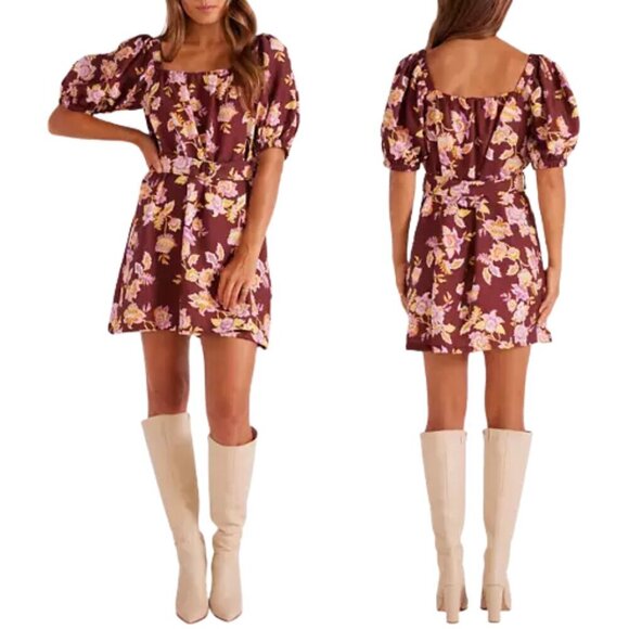 MINKPINK Giselle Belted Floral Mini Dress Women's Large Brown Puff Sleeve NWT - Picture 1 of 16